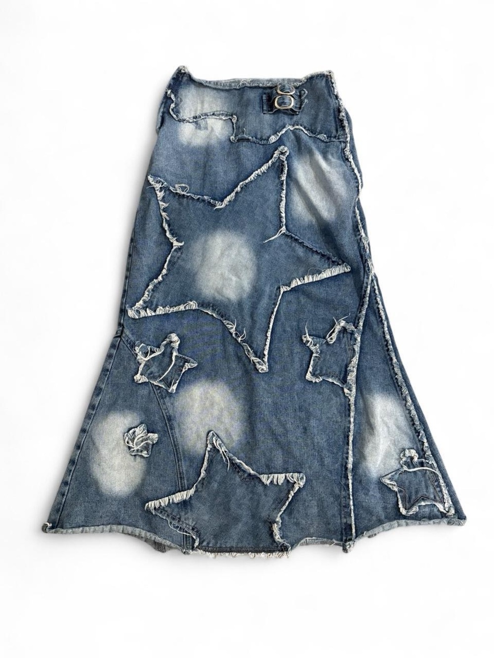 Vintage Y2K ROMWE Distressed Star Patch A-Line Denim Skirt - Blue